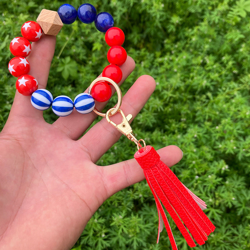 Wholesale Independence Day Wooden Beads Beaded Wrist Keychain